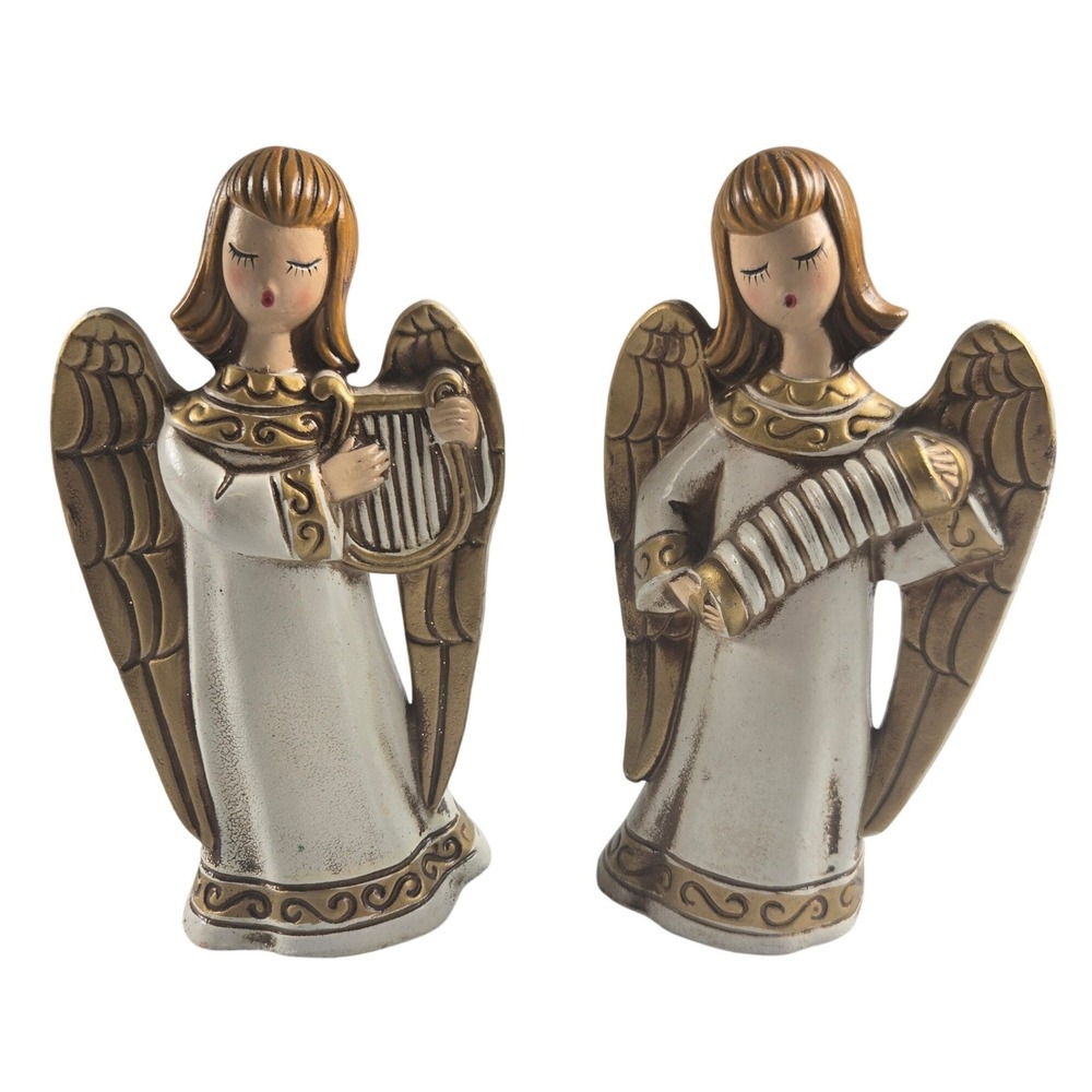 Vintage Japan Angel Figurine Set Harp Accordion MCM Kitsch Christmas Decor Retro